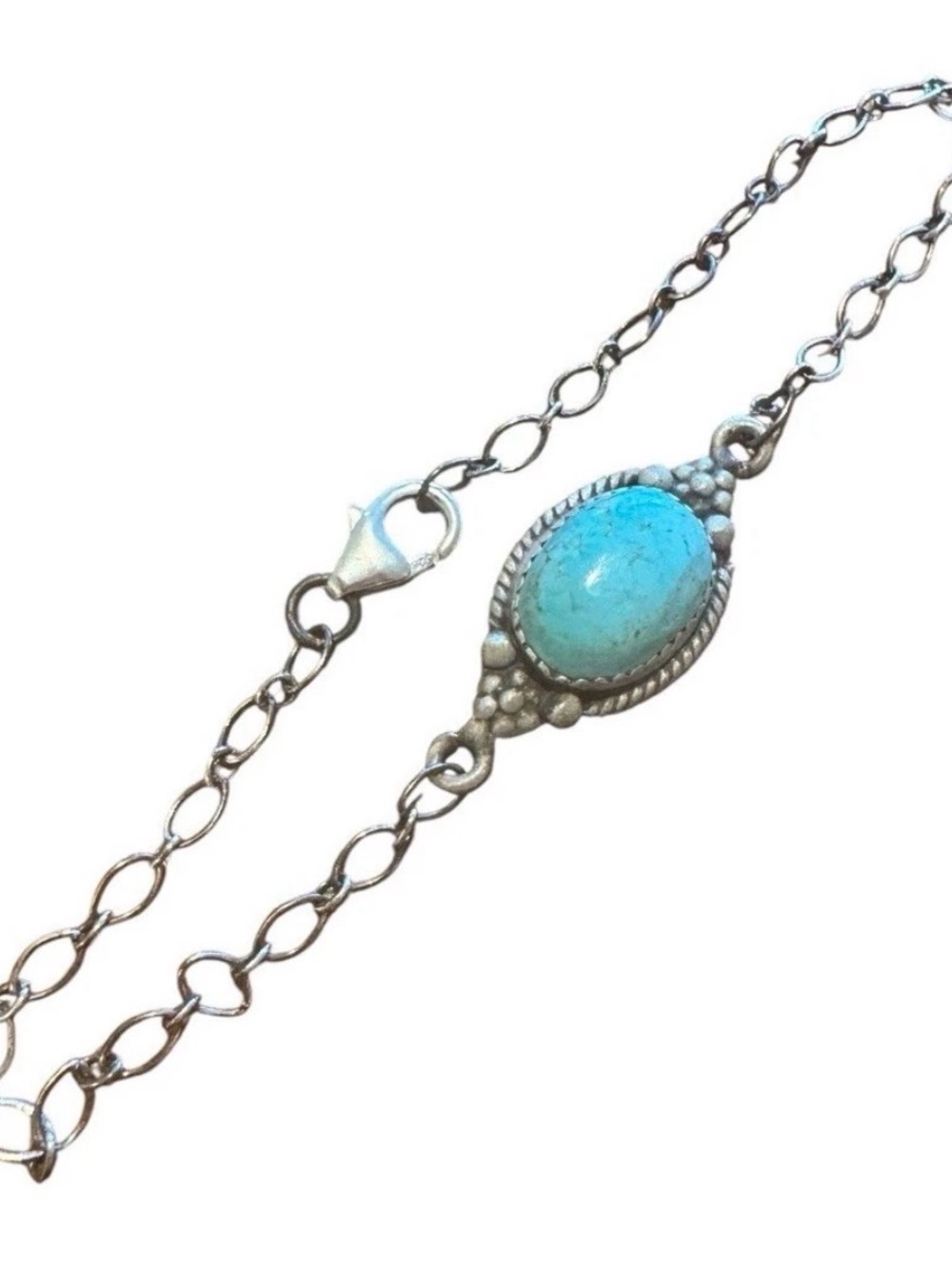 925 Sterling Silver Turquoise Oval Pendant Chain Bracelet